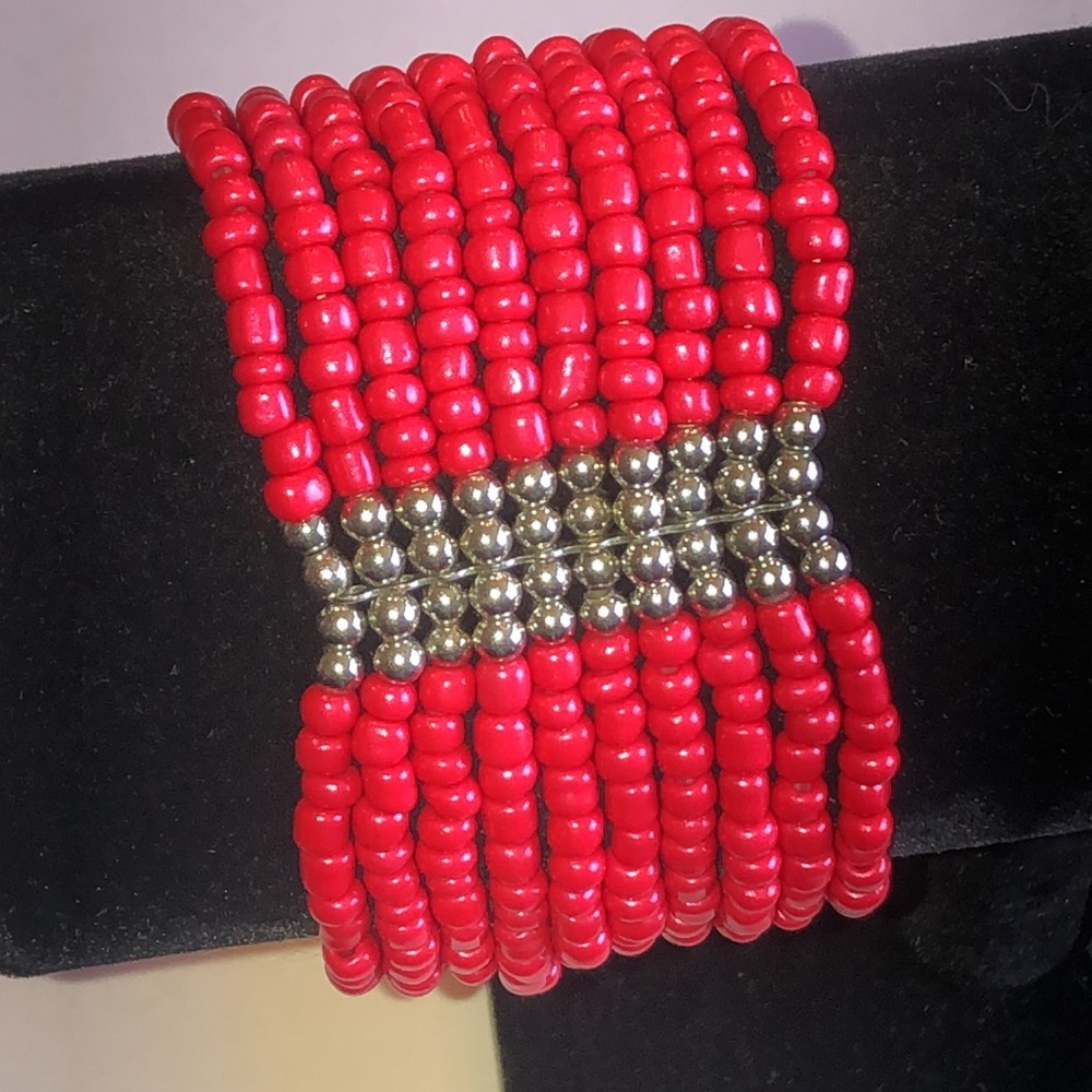 Red Beaded Multi-Strand Bracelet with Silver Tone Accents